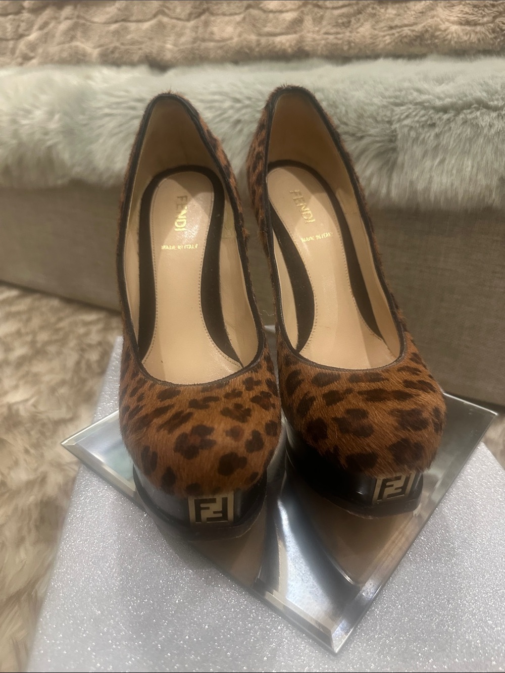 FENDI Leopard Calf Hair Platform Pumps in Brown and Black w FENDI FF logo